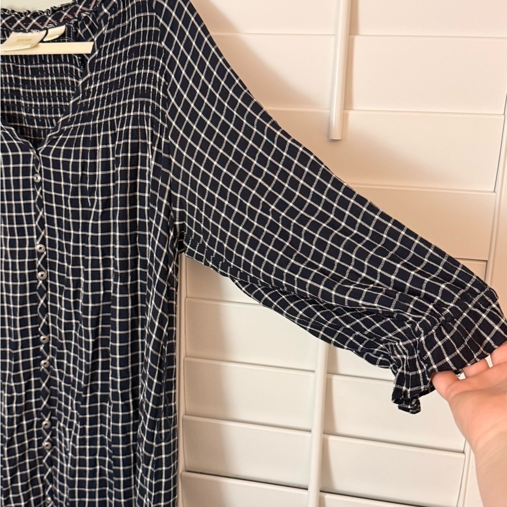 Maeve Anthropologie Navy Grid Print Button Front Dress Medium Viscose - Picture 4 of 7